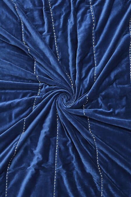 Shop_Abraham And Thakore_Blue Cotton Velvet Embroidery Stab Stitch Bed Spread_Online_at_Aza_Fashions