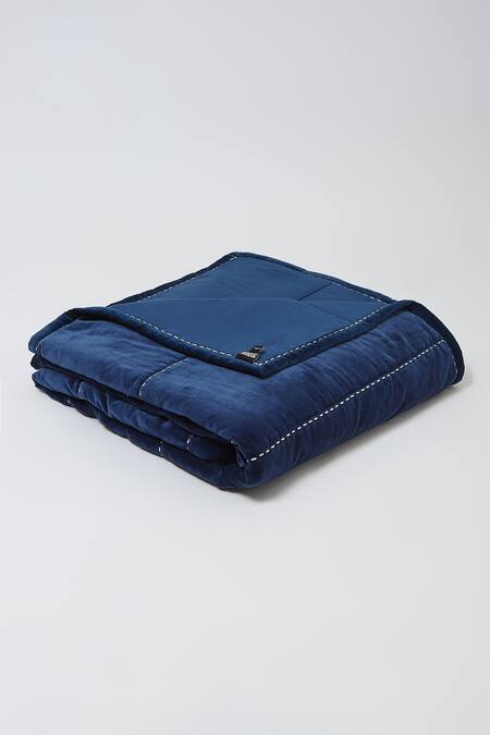 Abraham And Thakore_Blue Cotton Velvet Embroidery Stab Stitch Bed Spread_at_Aza_Fashions
