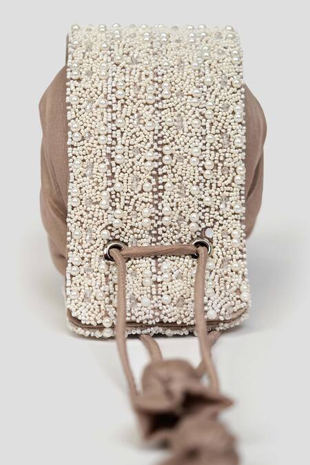 House Of D"Oro_Beige Pearls Modak Embellished Potli_Online_at_Aza_Fashions