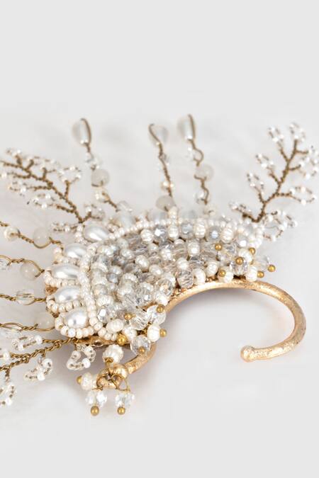 House Of D"Oro_White Pearls, Beads Embellished Ear Cuff_Online_at_Aza_Fashions