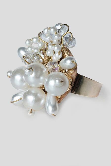 Buy_House Of D"Oro_White Pearls, Beads Arctic Daisy Embellished Ring_Online_at_Aza_Fashions