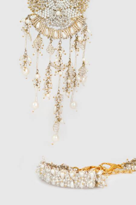 House Of D"Oro_White Pearls, Stones Purna Embellished Kaleeras_Online_at_Aza_Fashions