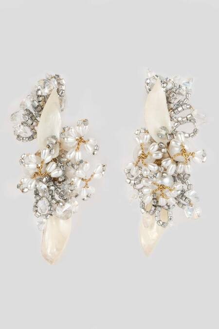 Shop House Of D"Oro Silver Plated Pearls, Beads, Artemisia Schmidtiana Embellished Dangler Earrings at Aza Fashions Shop_House Of D"Oro_Silver Plated Pearls, Beads, Artemisia Schmidtiana Embellished Dangler Earrings_at_Aza_Fashions