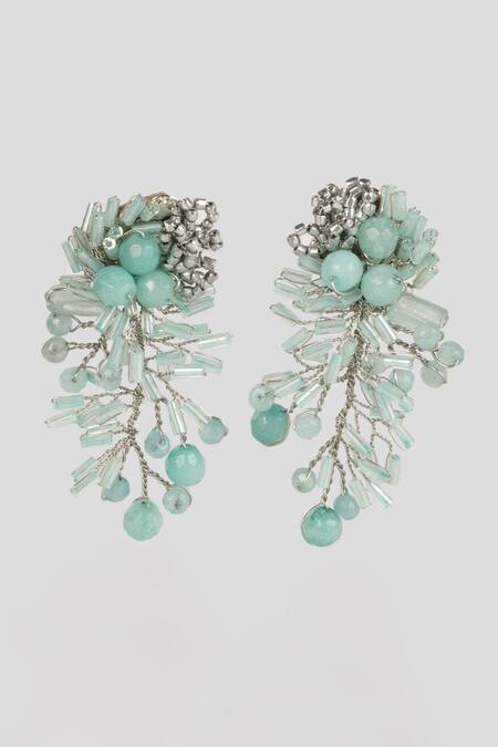 Shop House Of D"Oro Blue Cut Work, Beads Zinnia Embellished Dangler Earrings at Aza Fashions Shop_House Of D"Oro_Blue Cut Work, Beads Zinnia Embellished Dangler Earrings_at_Aza_Fashions