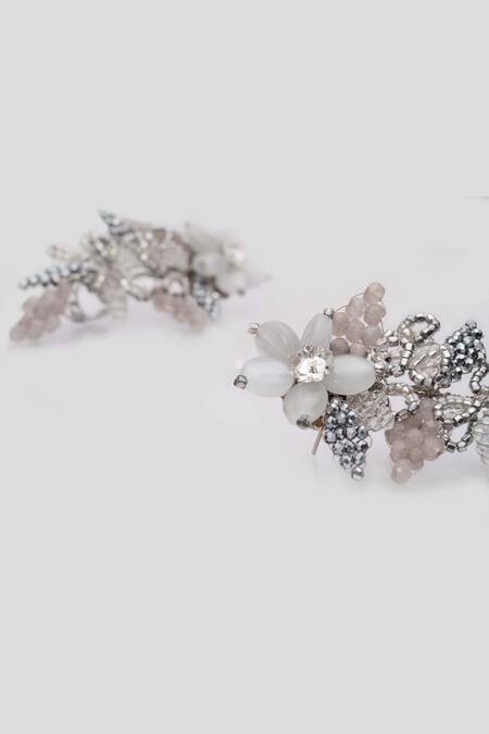 House Of D"Oro_Grey Crystals, Beads Echinops Earrings_Online_at_Aza_Fashions