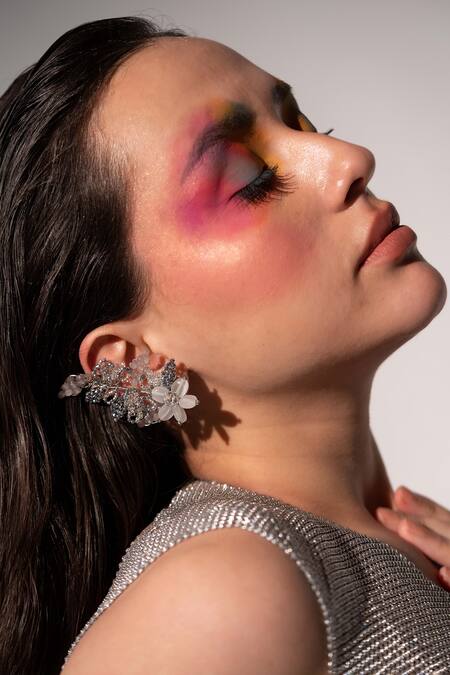 Shop_House Of D"Oro_Grey Crystals, Beads Echinops Earrings_Online_at_Aza_Fashions