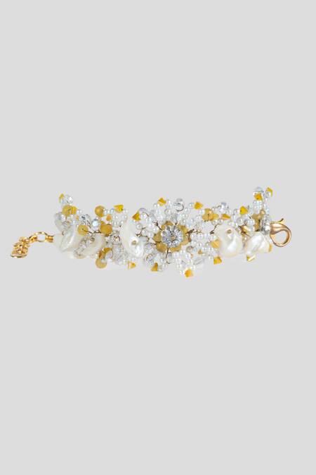 Shop House Of D"Oro Yellow Crystals, Pearls Floral Embellished Bracelet at Aza Fashions Shop_House Of D"Oro_Yellow Crystals, Pearls Floral Embellished Bracelet_at_Aza_Fashions