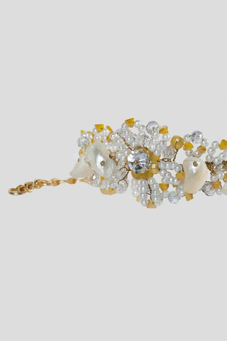 House Of D"Oro Yellow Crystals, Pearls Floral Embellished Bracelet Online at Aza Fashions House Of D"Oro_Yellow Crystals, Pearls Floral Embellished Bracelet_Online_at_Aza_Fashions