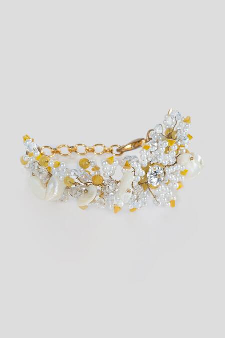 Buy House Of D"Oro Yellow Crystals, Pearls Floral Embellished Bracelet Online at Aza Fashions Buy_House Of D"Oro_Yellow Crystals, Pearls Floral Embellished Bracelet_Online_at_Aza_Fashions