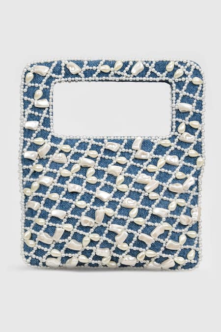 Shop House Of D"Oro Blue Pearl Denim Baguette Bag at Aza Fashions Shop_House Of D"Oro_Blue Pearl Denim Baguette Bag _at_Aza_Fashions