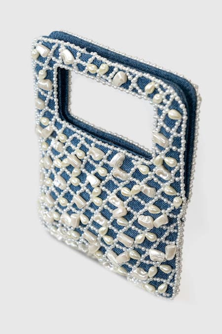 Buy House Of D"Oro Blue Pearl Denim Baguette Bag Online at Aza Fashions Buy_House Of D"Oro_Blue Pearl Denim Baguette Bag _Online_at_Aza_Fashions