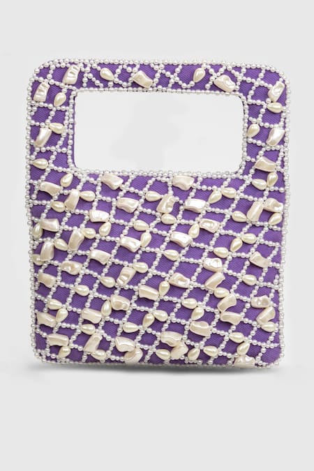 Shop House Of D"Oro Purple Pearl Denim Embellished Baguette Bag at Aza Fashions Shop_House Of D"Oro_Purple Pearl Denim Embellished Baguette Bag _at_Aza_Fashions