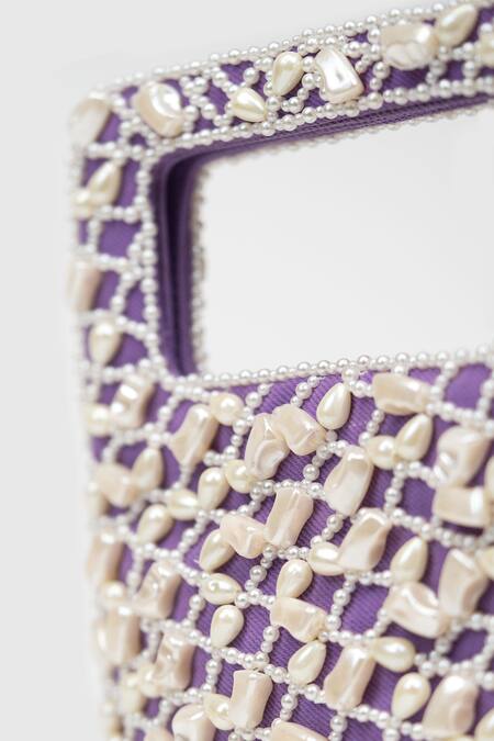 House Of D"Oro Purple Pearl Denim Embellished Baguette Bag Online at Aza Fashions House Of D"Oro_Purple Pearl Denim Embellished Baguette Bag _Online_at_Aza_Fashions