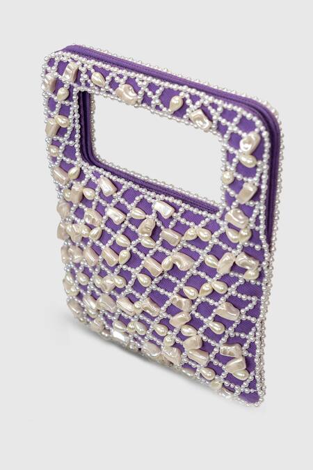 Buy House Of D"Oro Purple Pearl Denim Embellished Baguette Bag Online at Aza Fashions Buy_House Of D"Oro_Purple Pearl Denim Embellished Baguette Bag _Online_at_Aza_Fashions