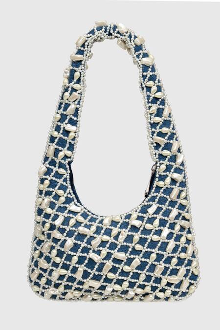 Shop House Of D"Oro Blue Pearl Embellished Hobo Bag at Aza Fashions Shop_House Of D"Oro_Blue Pearl Embellished Hobo Bag _at_Aza_Fashions