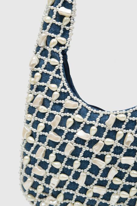 House Of D"Oro Blue Pearl Embellished Hobo Bag Online at Aza Fashions House Of D"Oro_Blue Pearl Embellished Hobo Bag _Online_at_Aza_Fashions