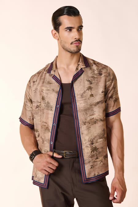 S&N by Shantnu Nikhil Beige Silk Twill Printed Palm Trees Shirt  3