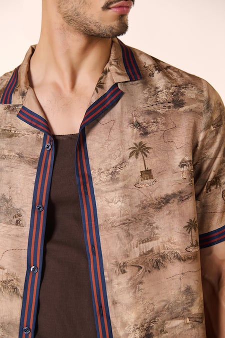 S&N by Shantnu Nikhil Beige Silk Twill Printed Palm Trees Shirt  4