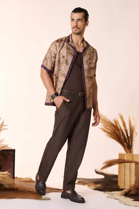 S&N by Shantnu Nikhil Beige Silk Twill Printed Palm Trees Shirt  6