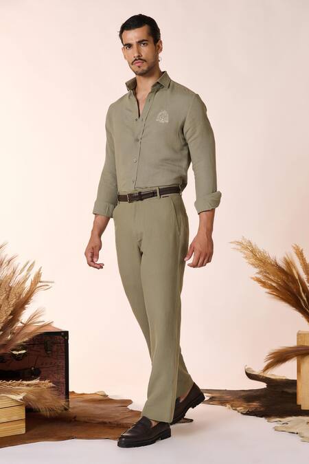 Shop S&N By Shantnu Nikhil Green Linen, Rayon Embroidery Solid Collared Shirt Online at Aza Fashions Shop_S&N By Shantnu Nikhil_Green Linen, Rayon Embroidery Solid Collared Shirt_Online_at_Aza_Fashions