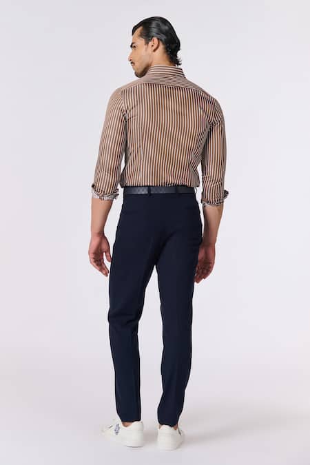 Shop_S&N By Shantnu Nikhil_Brown Cotton Embroidery Striped Print Shirt_at_Aza_Fashions