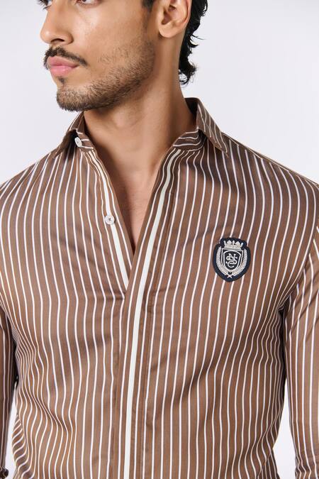 S&N By Shantnu Nikhil_Brown Cotton Embroidery Striped Print Shirt_Online_at_Aza_Fashions