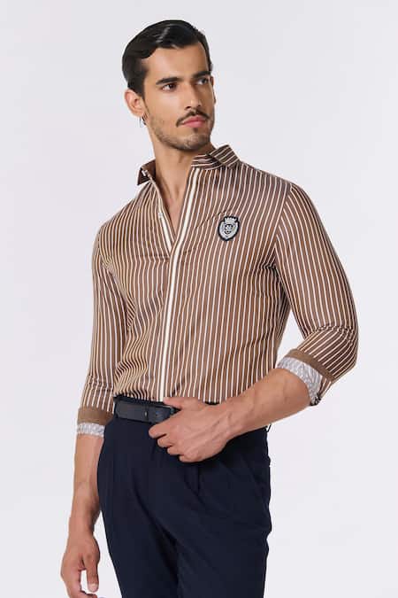 Buy_S&N By Shantnu Nikhil_Brown Cotton Embroidery Striped Print Shirt_Online_at_Aza_Fashions
