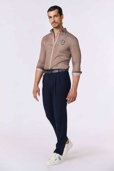 Shop_S&N By Shantnu Nikhil_Brown Cotton Embroidery Striped Print Shirt_Online_at_Aza_Fashions