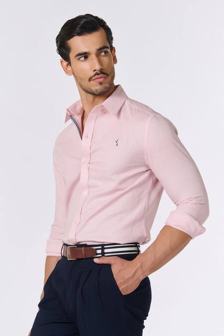 Buy S&N By Shantnu Nikhil Pink Linen Embroidery Plain Roll-up Sleeve Shirt Online at Aza Fashions Buy_S&N By Shantnu Nikhil_Pink Linen Embroidery Plain Roll-up Sleeve Shirt_Online_at_Aza_Fashions