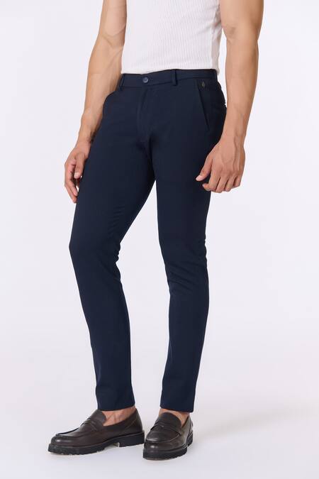 Shop S&N By Shantnu Nikhil Blue Lycra, Viscose, Polyester Solid Straight Trouser Online at Aza Fashions Shop_S&N By Shantnu Nikhil_Blue Lycra, Viscose, Polyester Solid Straight Trouser_Online_at_Aza_Fashions