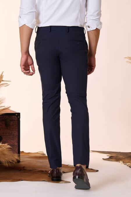Shop S&N By Shantnu Nikhil Blue Cotton, Nylon Plain Straight-legged Trouser at Aza Fashions Shop_S&N By Shantnu Nikhil_Blue Cotton, Nylon Plain Straight-legged Trouser_at_Aza_Fashions