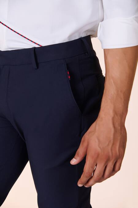 S&N By Shantnu Nikhil Blue Cotton, Nylon Plain Straight-legged Trouser Online at Aza Fashions S&N By Shantnu Nikhil_Blue Cotton, Nylon Plain Straight-legged Trouser_Online_at_Aza_Fashions