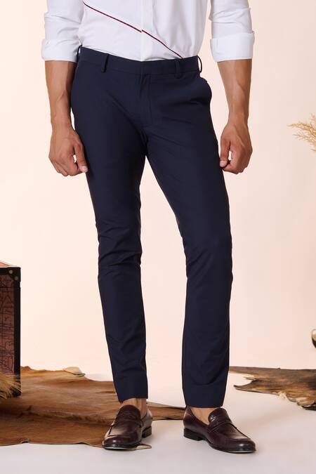 Buy S&N By Shantnu Nikhil Blue Cotton, Nylon Plain Straight-legged Trouser Online at Aza Fashions Buy_S&N By Shantnu Nikhil_Blue Cotton, Nylon Plain Straight-legged Trouser_Online_at_Aza_Fashions