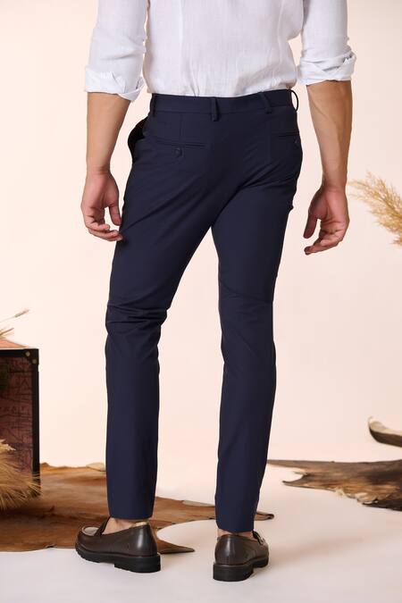 Shop S&N By Shantnu Nikhil Blue Polyester Plain Straight-fit Trouser at Aza Fashions Shop_S&N By Shantnu Nikhil_Blue Polyester Plain Straight-fit Trouser_at_Aza_Fashions