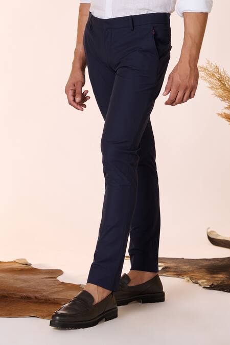 Shop S&N By Shantnu Nikhil Blue Polyester Plain Straight-fit Trouser Online at Aza Fashions Shop_S&N By Shantnu Nikhil_Blue Polyester Plain Straight-fit Trouser_Online_at_Aza_Fashions