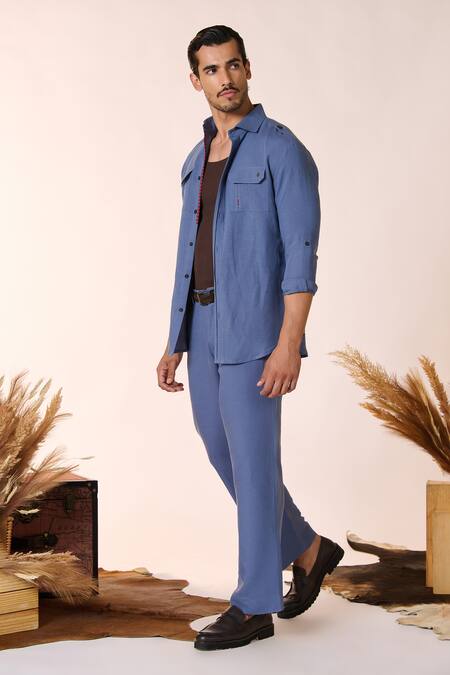S&N By Shantnu Nikhil Blue Cotton, Linen Plain Cargo Trouser Online at Aza Fashions S&N By Shantnu Nikhil_Blue Cotton, Linen Plain Cargo Trouser_Online_at_Aza_Fashions