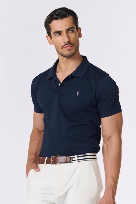 S&N By Shantnu Nikhil_Blue Cotton Embroidery Solid Polo T-shirt_Online_at_Aza_Fashions