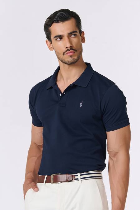 Shop_S&N By Shantnu Nikhil_Blue Cotton Embroidery Solid Polo T-shirt_Online_at_Aza_Fashions