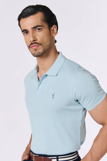 Buy S&N By Shantnu Nikhil Blue Gingham Embroidery Solid Collared Polo T-shirt Online at Aza Fashions Buy_S&N By Shantnu Nikhil_Blue Gingham Embroidery Solid Collared Polo T-shirt_Online_at_Aza_Fashions