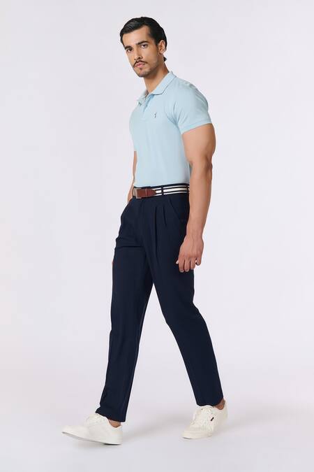 Shop S&N By Shantnu Nikhil Blue Gingham Embroidery Solid Collared Polo T-shirt Online at Aza Fashions Shop_S&N By Shantnu Nikhil_Blue Gingham Embroidery Solid Collared Polo T-shirt_Online_at_Aza_Fashions