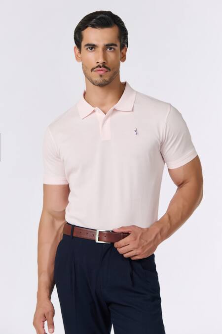 Buy S&N By Shantnu Nikhil Pink Cotton Embroidery Plain Collared Polo T-shirt Online at Aza Fashions Buy_S&N By Shantnu Nikhil_Pink Cotton Embroidery Plain Collared Polo T-shirt_Online_at_Aza_Fashions