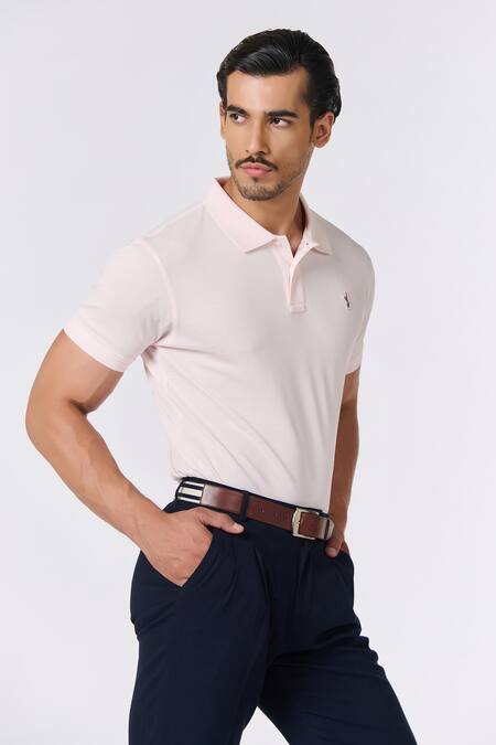 Shop S&N By Shantnu Nikhil Pink Cotton Embroidery Plain Collared Polo T-shirt Online at Aza Fashions Shop_S&N By Shantnu Nikhil_Pink Cotton Embroidery Plain Collared Polo T-shirt_Online_at_Aza_Fashions