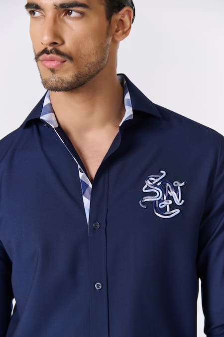 S&N By Shantnu Nikhil_Blue Lycra, Viscose, Terrycloth Embroidery Solid Full Sleeve Shirt_Online_at_Aza_Fashions
