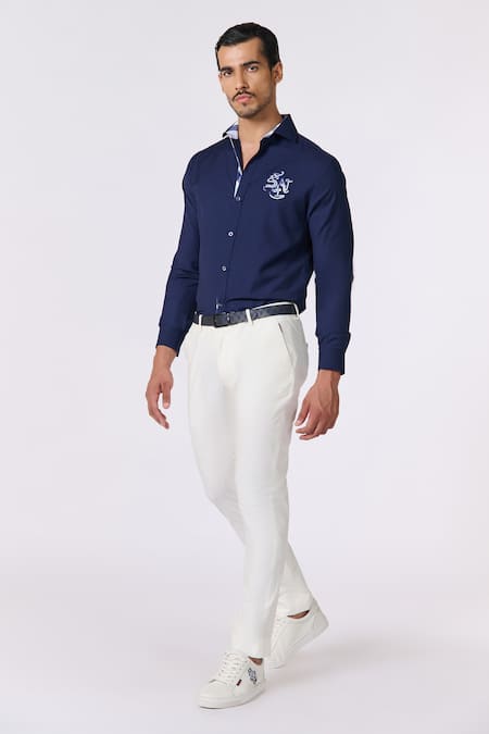 Shop_S&N By Shantnu Nikhil_Blue Lycra, Viscose, Terrycloth Embroidery Solid Full Sleeve Shirt_Online_at_Aza_Fashions