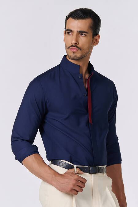 S&N By Shantnu Nikhil_Blue Lycra, Viscose Plain Stand Collared Shirt_Online_at_Aza_Fashions