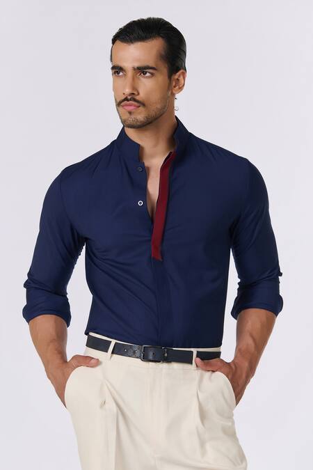 Buy_S&N By Shantnu Nikhil_Blue Lycra, Viscose Plain Stand Collared Shirt_Online_at_Aza_Fashions