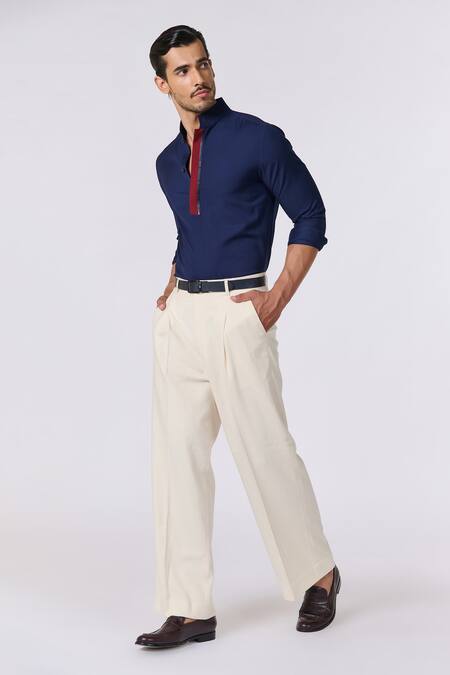 Shop_S&N By Shantnu Nikhil_Blue Lycra, Viscose Plain Stand Collared Shirt_Online_at_Aza_Fashions