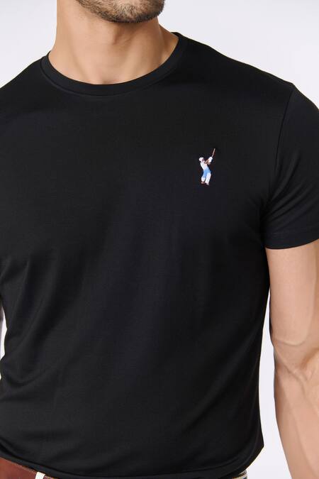 S&N By Shantnu Nikhil_Black Viscose, Nylon, Spandex Embroidery Solid Round Neck T-shirt_Online_at_Aza_Fashions