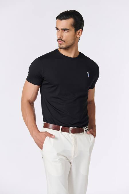 Buy_S&N By Shantnu Nikhil_Black Viscose, Nylon, Spandex Embroidery Solid Round Neck T-shirt_Online_at_Aza_Fashions