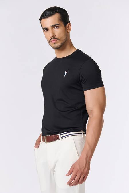 Shop_S&N By Shantnu Nikhil_Black Viscose, Nylon, Spandex Embroidery Solid Round Neck T-shirt_Online_at_Aza_Fashions